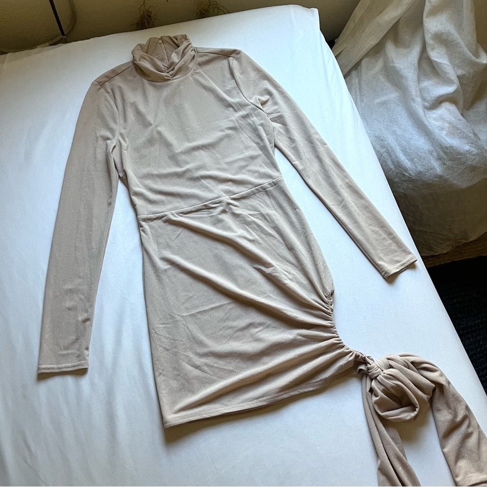 H:OURS dusty rose pink peach metallic glitter mock draped bodycon‎ mini dress